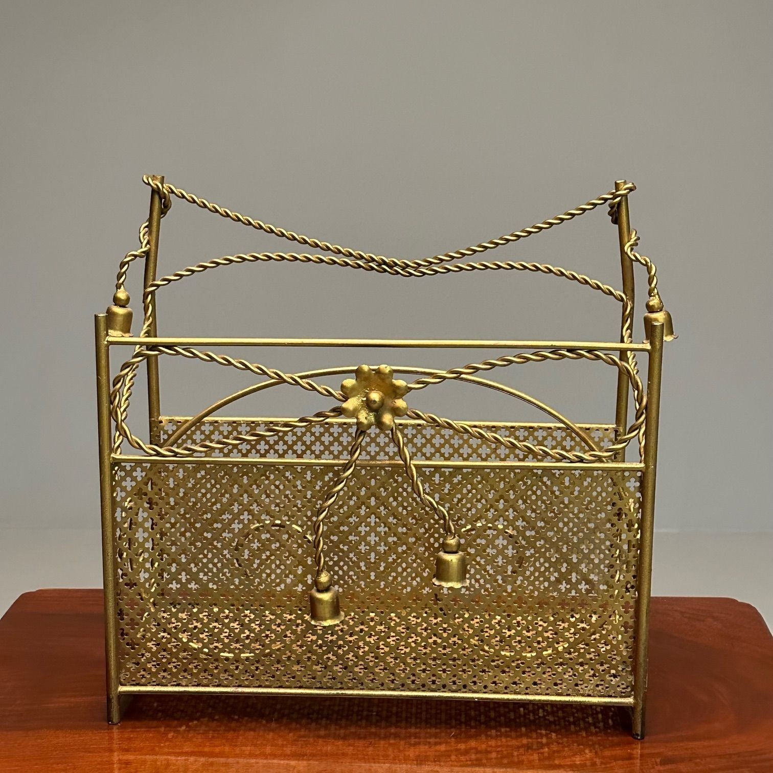 Hollywood Regency Gilt Bronze Magazine Rack, Rope an Tassel Form