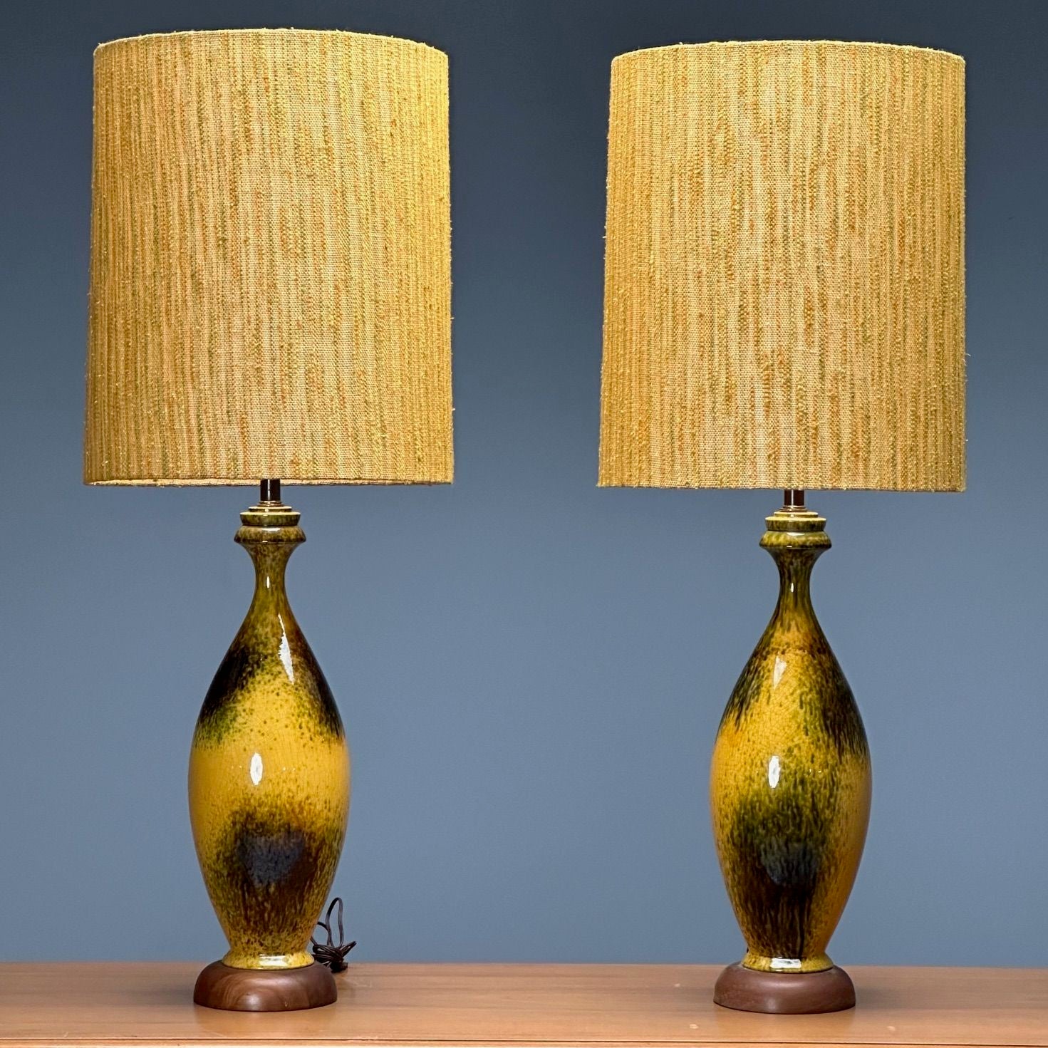 American Mid-Century Modern, Large Table Lamps, Glazed Ceramic, Yellow, Fabric