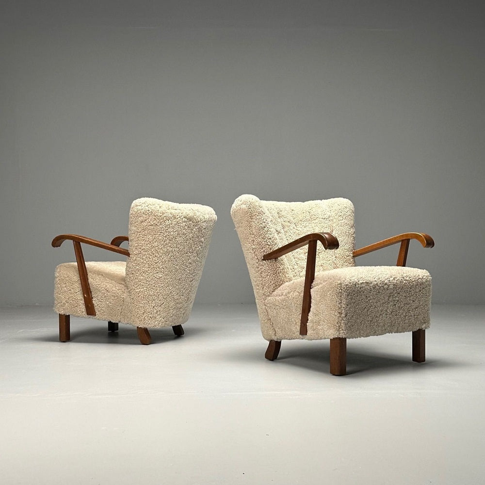 Danish Cabinetmaker, Mid-Century Modern, Lounge Chairs, Shearling, Beech, 1940s