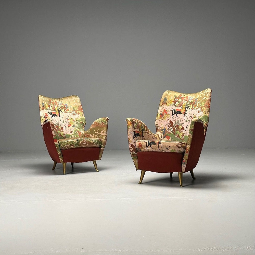 ISA Bergamo, Italian Mid-Century Modern, Lounge Chairs, Bronze, Oriental Fabric