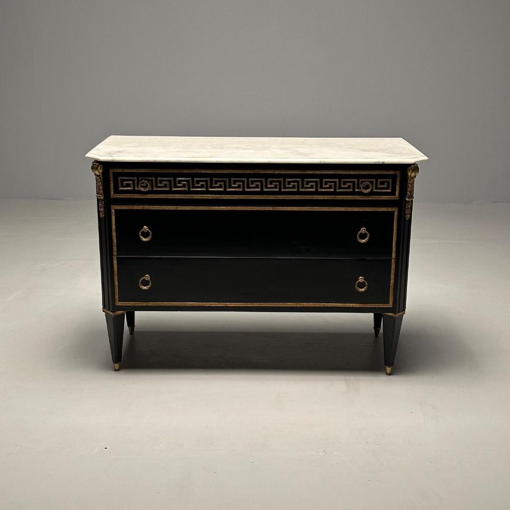 Hollywood Regency Ebonized Cabinet / Commode, Greek Key Motif, Bronze Mounted