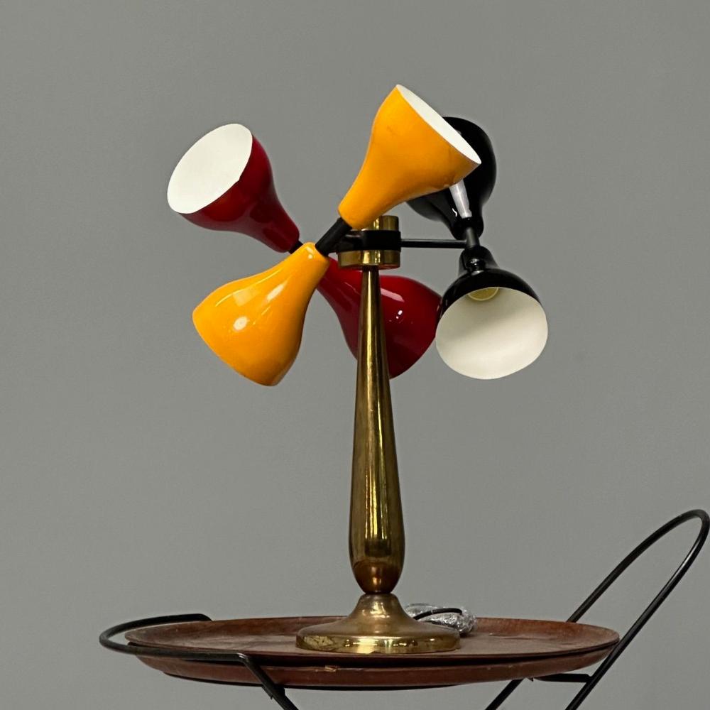 Italian Mid-Century Modern, Table Lamp, Enameled Shades, Patinated Brass, 1960s