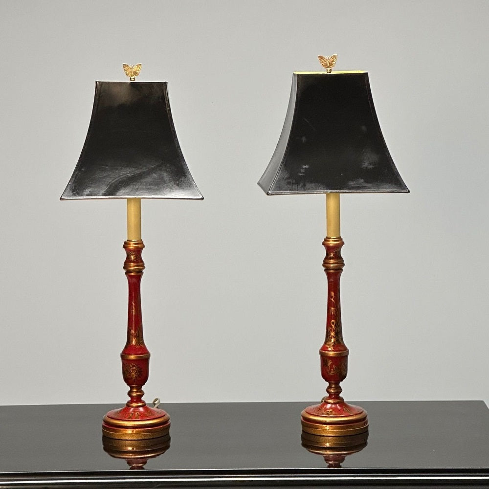 Chinoiserie, Table, Desk Lamps, Red Jappanned Wood, Giltwood, 1940s