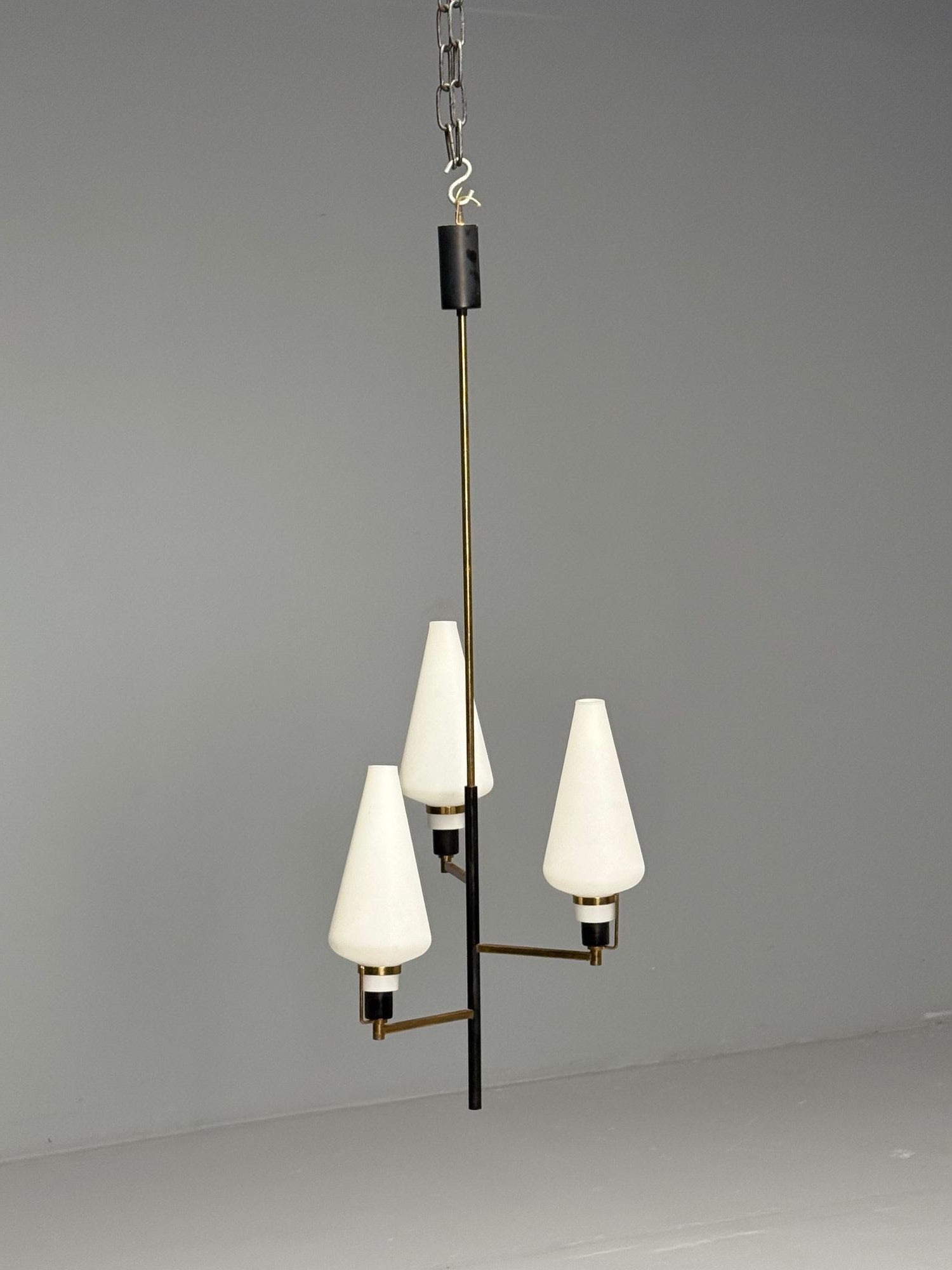 Italian Mid-Century Modern, Ceiling Pendant, Brass, Opaline Glass, Italy, 1950s