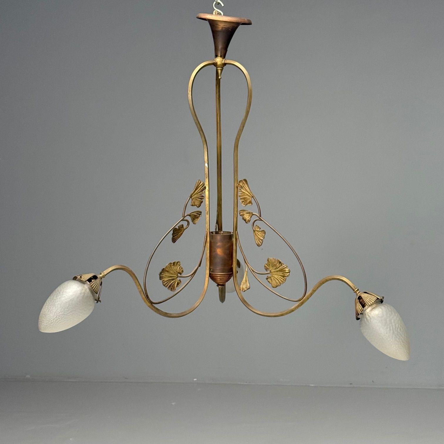 Italian Mid-Century Modern, Floral Chandelier, Brass, Copper, Italy, 1920s