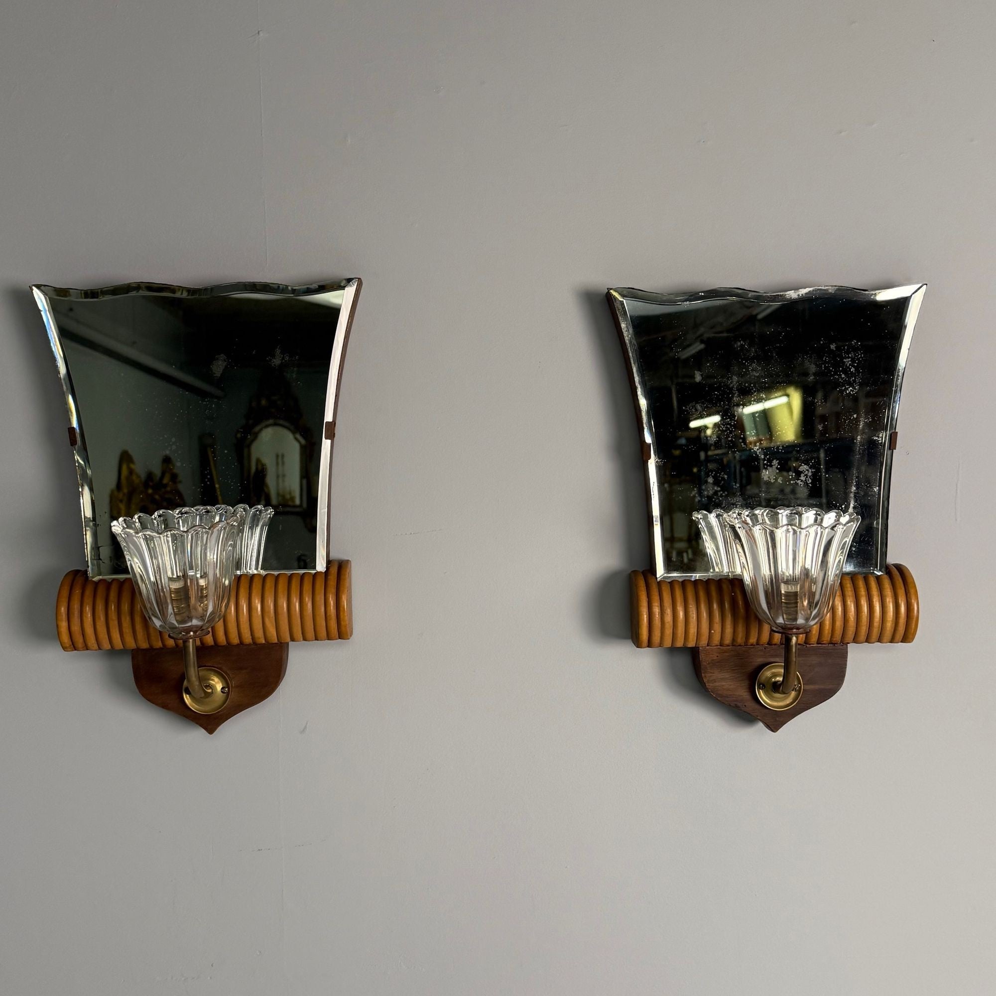 Italian Mid-Century Modern, Mirrored Wall Sconces, Brass, Wood, Italy, 1940s