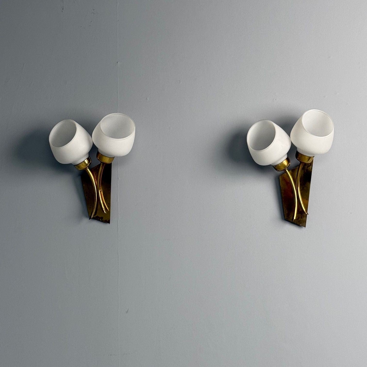 Italian Mid-Century Modern, Tulip Form Wall Sconces, Patinated Brass, 1950s