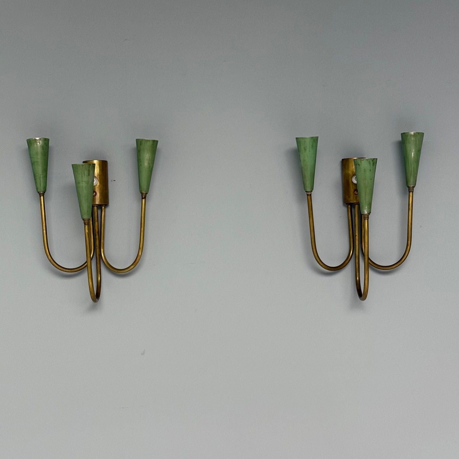 Arredoluce, Italian Mid-Century Modern, Wall Sconces, Brass, Green Metal, 1960s