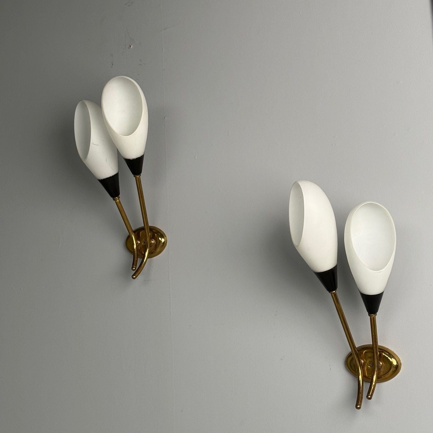 Italian Mid-Century Modern, Wall Sconces, Patinated Brass, Opaline Glass, Italy, 1950s