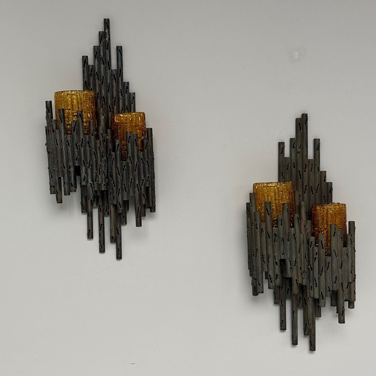 Marcello Fantoni, Brutalist Mid-Century Modern Wall Sconces, Wrought Iron, Glass