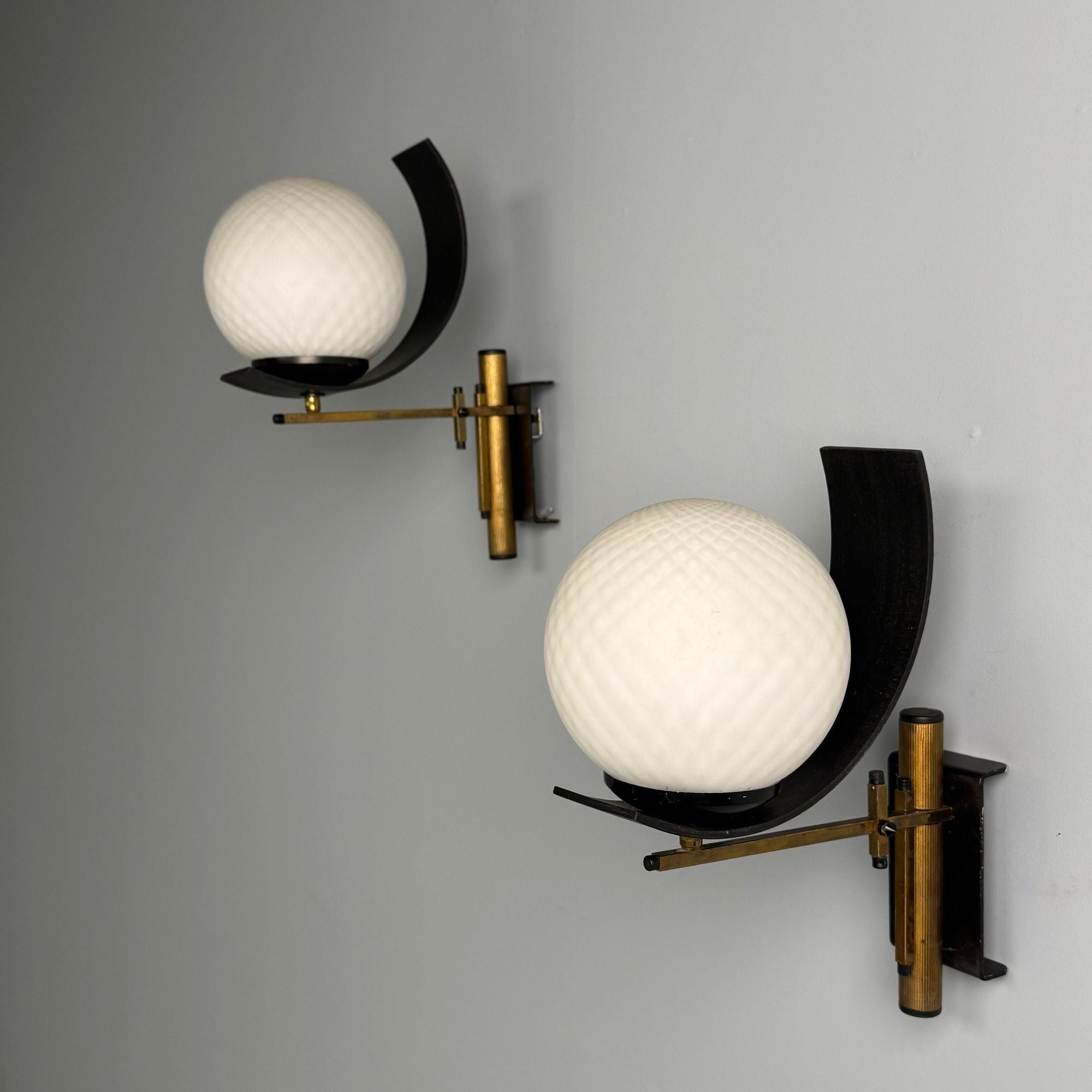 Stilux Attr., Italian Mid-Century Modern, Dome Wall Sconces, Brass, Iron, Glass