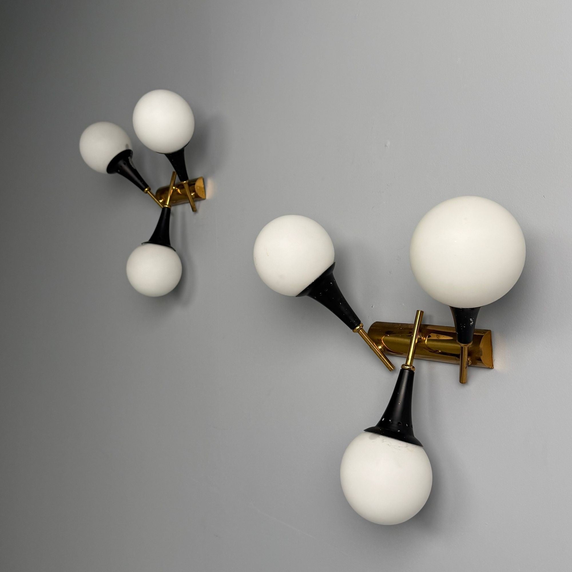 Stilnovo, Italian Mid-Century Modern, Three Light Sconces, Brass, Glass, 1950s