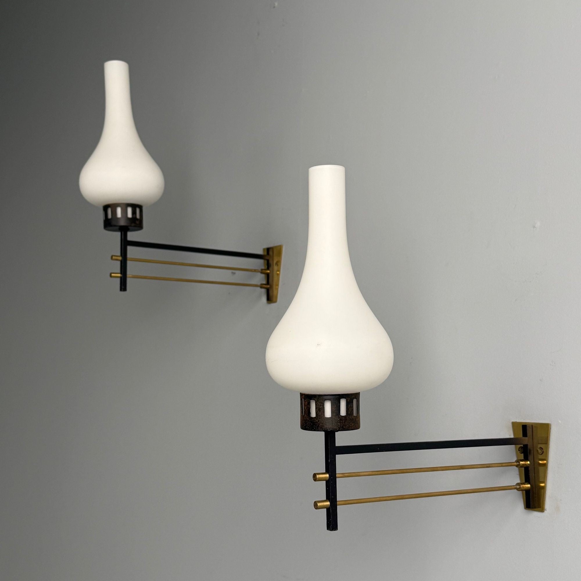 Italian Mid-Century Modern, Wall Sconces, Patinated Brass, Opaline Glass, 1950s