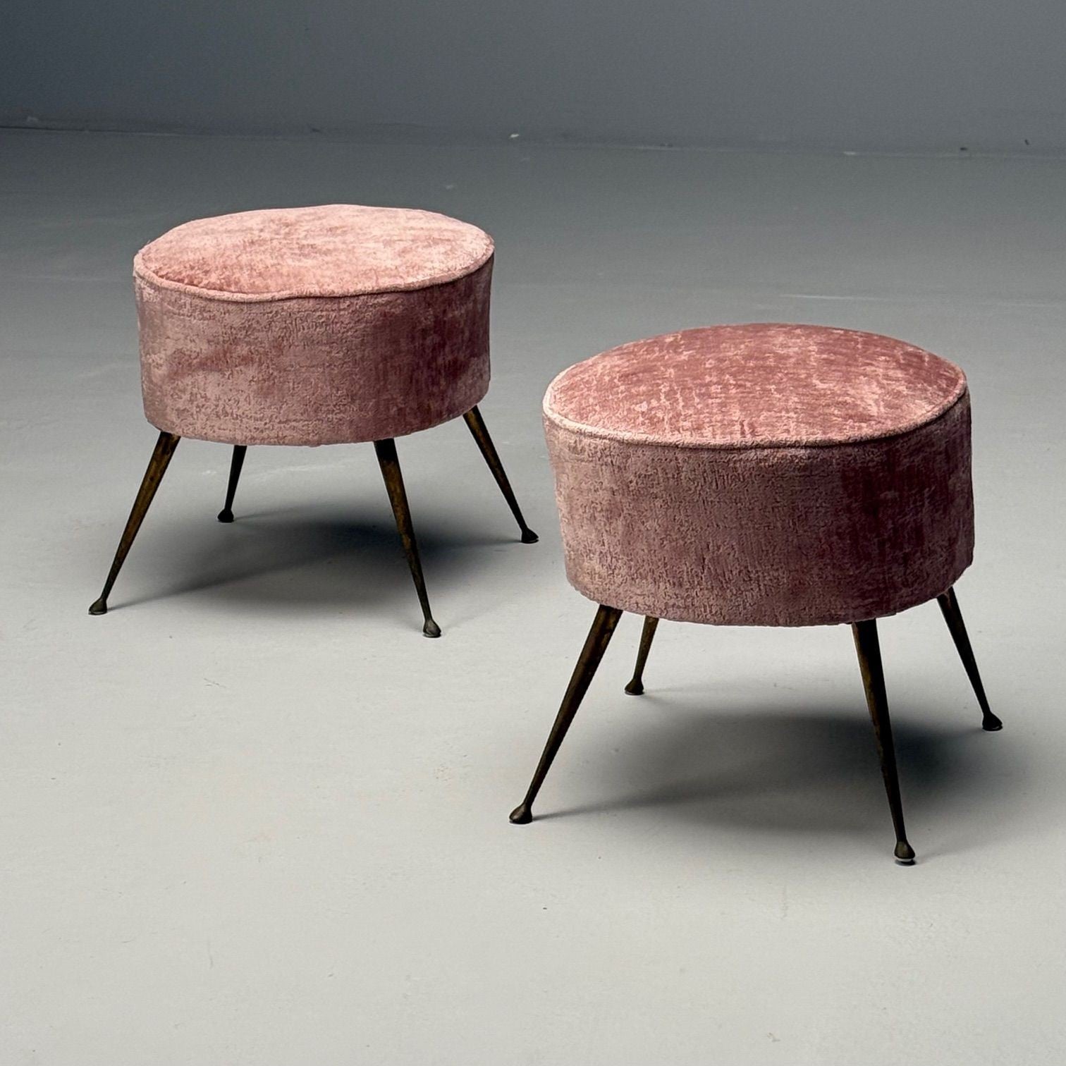 Italian Mid-Century Modern, Footstools, Patinated Brass, Pink Velvet, 1950s