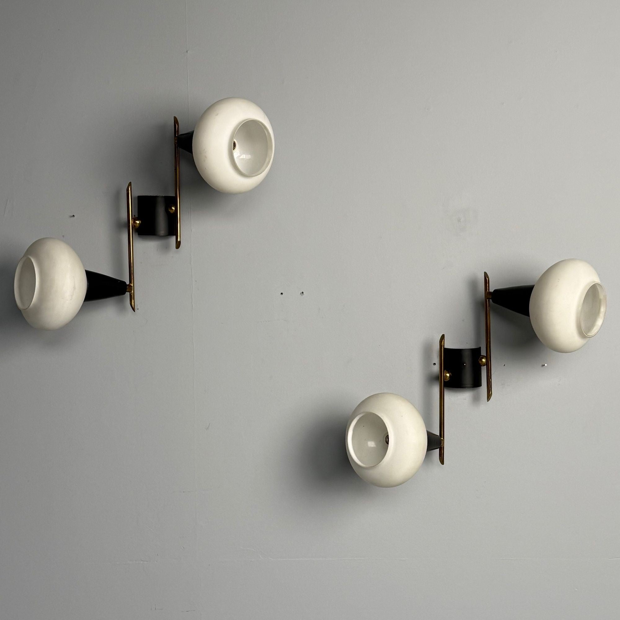 Italian Mid-Century Modern, Adjustable Wall Sconces, Brass, Opaline Glass, 1960s