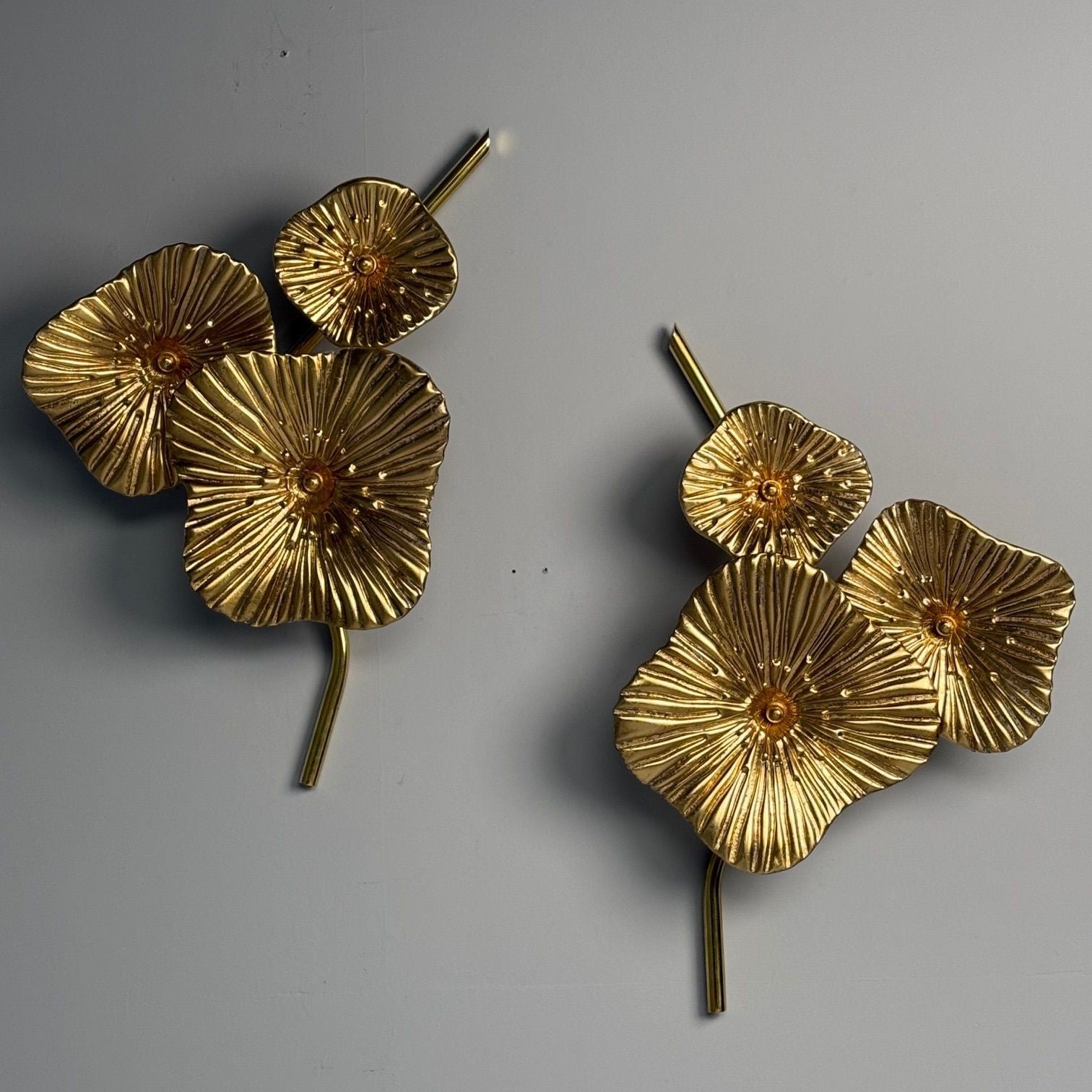 Contemporary, Italian Modern, Flower Sconces, Murano Glass, Gold Leaf, Brass