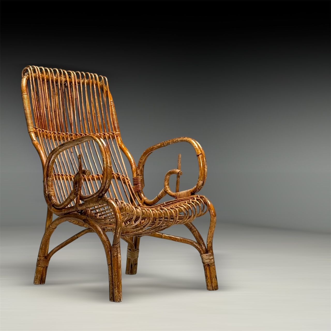 Italian Mid-Century Modern, Armchair, Rattan, Cane, Bamboo, Italy, 1960s