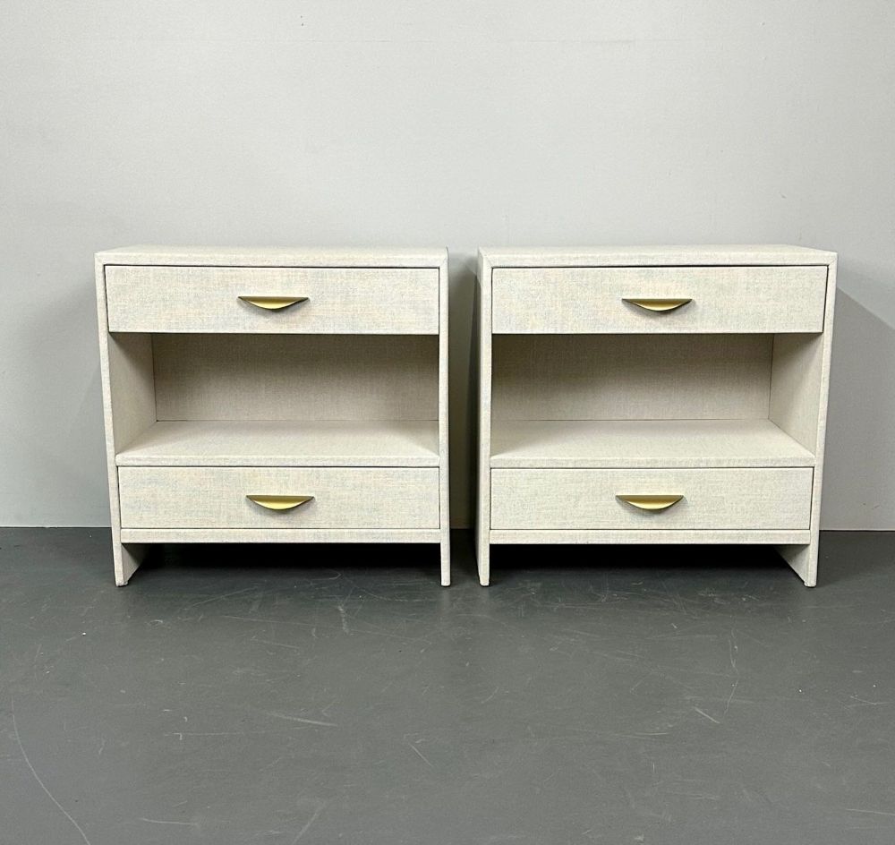 Pair Custom Linen Wrapped Open Commodes, Chests, Nightstands, White, American