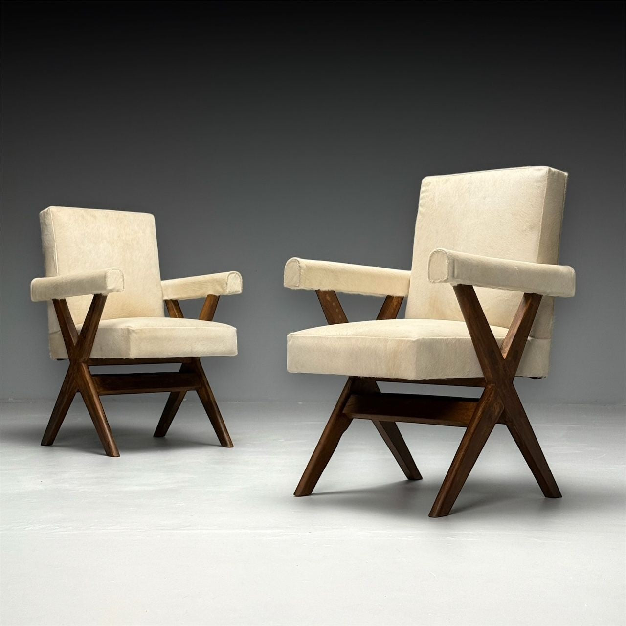 Pierre Jeanneret, French Mid-Century Modern, Upholstered Arm Chairs, Cowhide