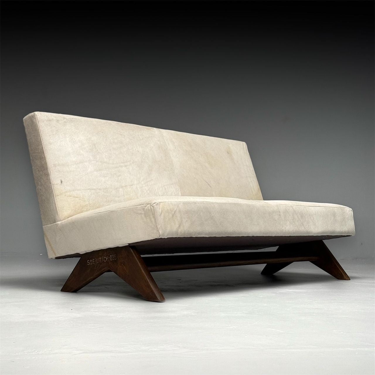 Pierre Jeanneret, French Mid-Century Modern, Fireside Sofa, Teak, White Cowhide