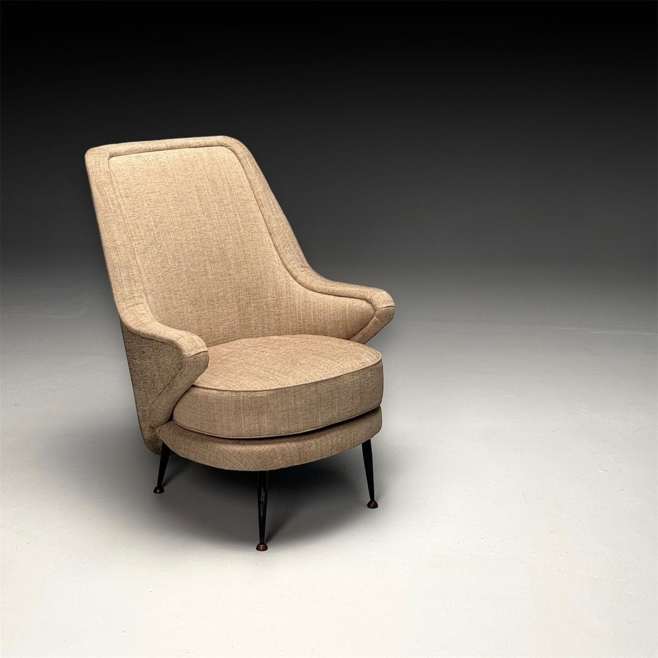 ISA Bergamo, Italian Mid-Century Modern, Armchair, Beige Linen, Brass, 1950s