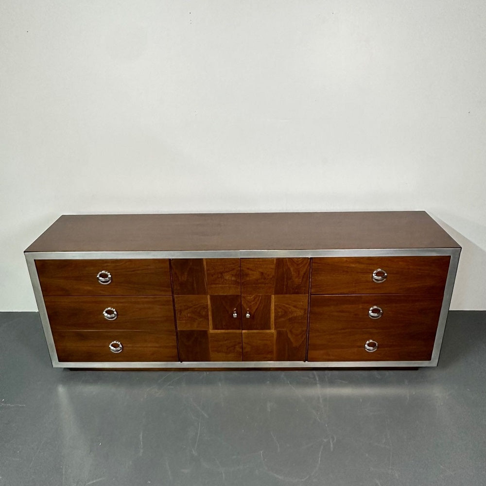 Mid-Century Modern Milo Baughman Sideboard / Dresser, Burlwood, Chrome