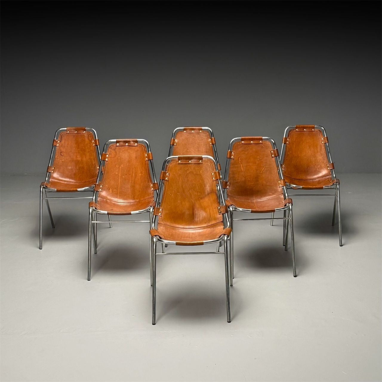 Charlotte Perriand, French Mid-Century Modern, Dining Chairs, Distressed Leather