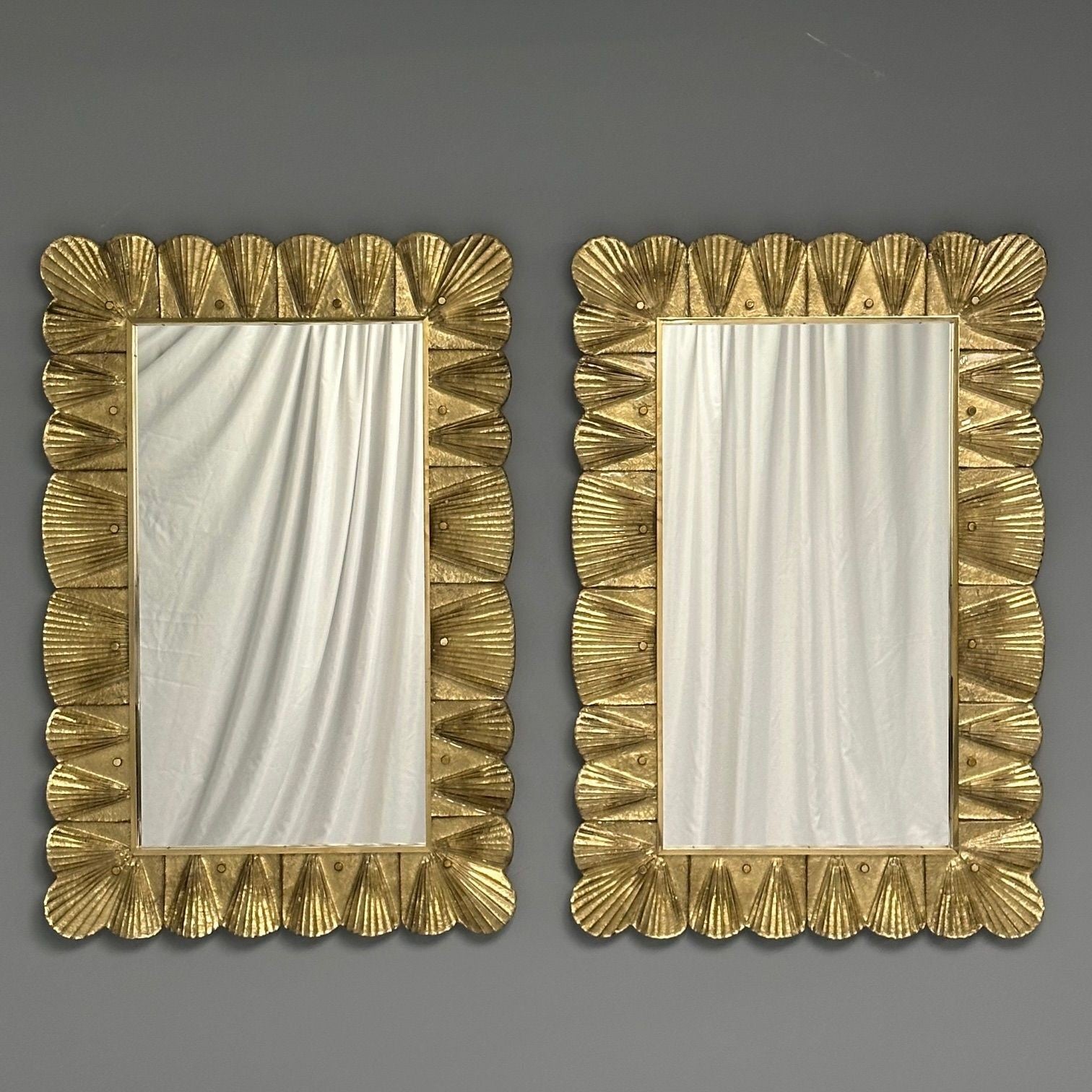 Modern, Italian Wall Mirrors, Scallop Motif, Murano Glass, Gold Gilt