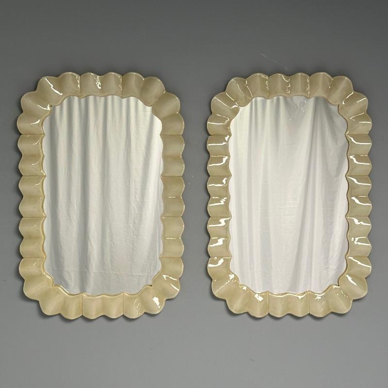 Contemporary, Ruffle Wall Mirrors, White Murano Glass, Brass, Italy, 2023