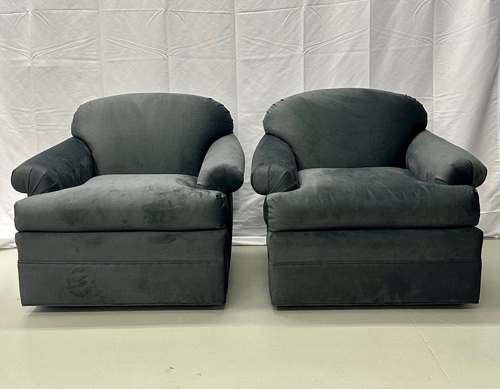 Pair of American Mid-Century Modern Grey Swivel / Lounge Chairs, Scroll Arm