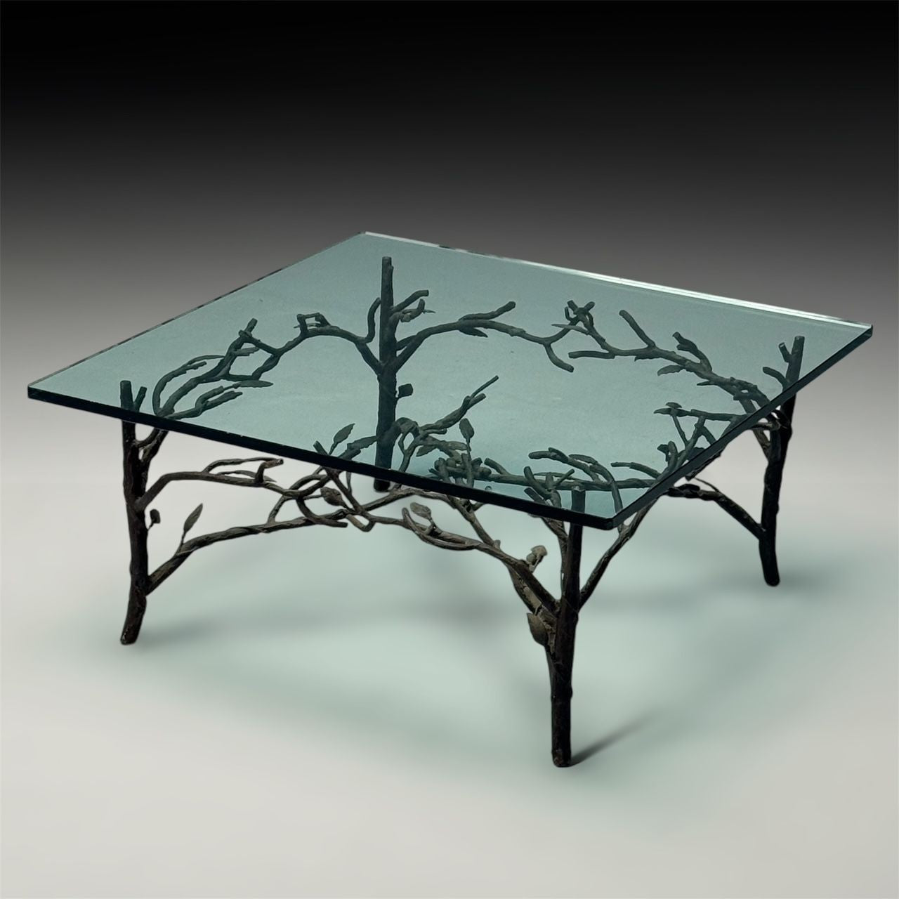 Giacometti Style, Mid-Century Modern, Square Coffee Table, Nature Motif, Metal