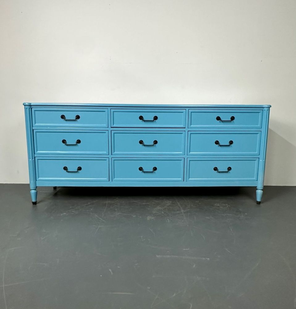 Hollywood Regency Style Dresser / Sideboard, Cerulean Blue Lacquer, Baker