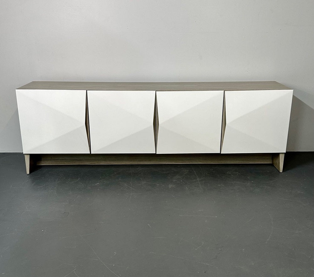 Modern Geometric Ceruse Oak Dresser, Sideboard, Cabinet, White Lacquered,