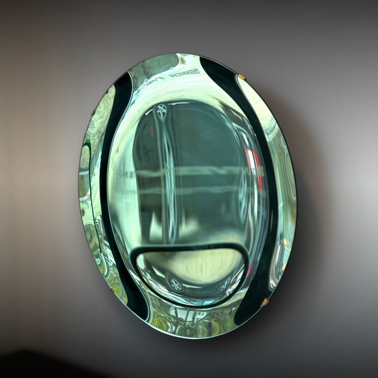 Contemporary, Modern Space Age Wall Mirror, Concave Glass, Vintage Green, Brass