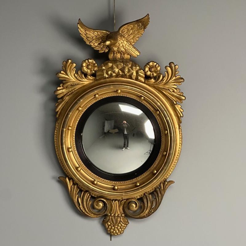 Regency, Circular Convex Wall Mirror, Giltwood, Eagle Motif, USA, 1950s