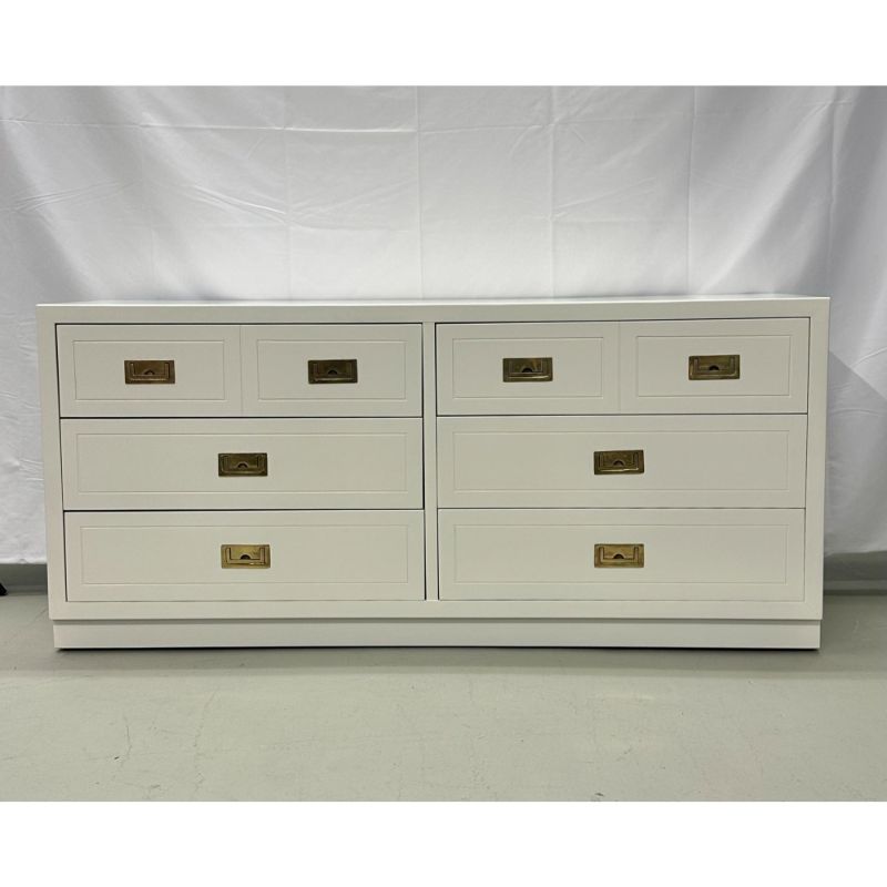 Mid-Century Modern White Campaign Dresser / Chest of Drawers, America, Brass