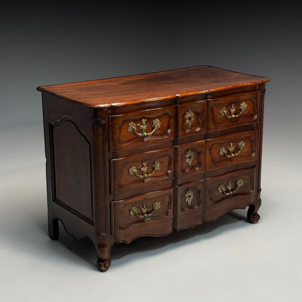 Baroque, French Louis XV, Provincial Cabinet, Walnut, Patinated Brass, 18th C.