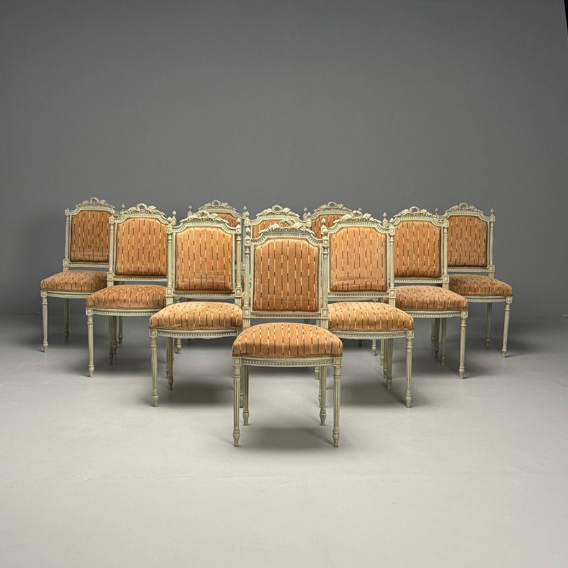 Swedish Louis XVI Style, Ten Dining Chairs, Grey Carved Wood, Fabric, 20th C.