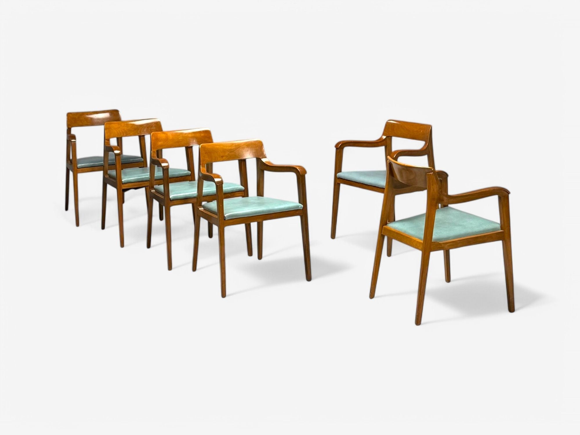 Edward Wormley, Dunbar, Six Riemerschmid Dining Chairs, Walnut, Leather, 1940s