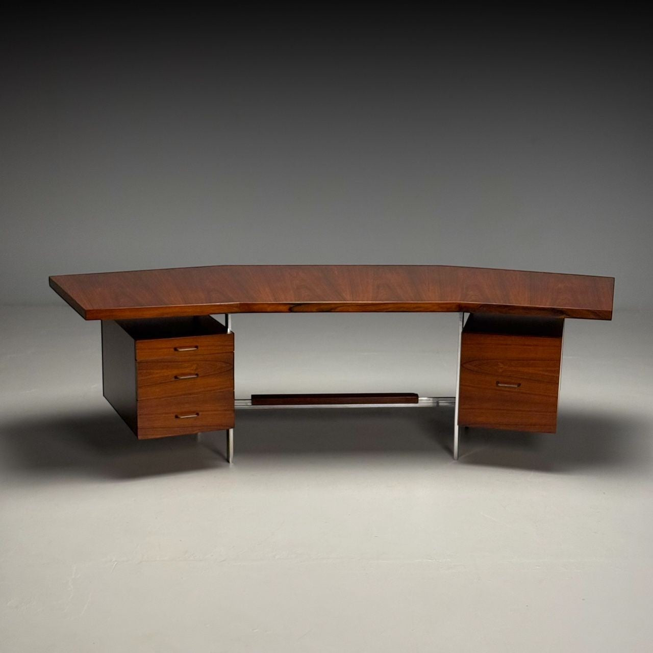 Italian Mid-Century Modern, Demilune Writing Desk, Rosewood, Steel, Italy, 1950s