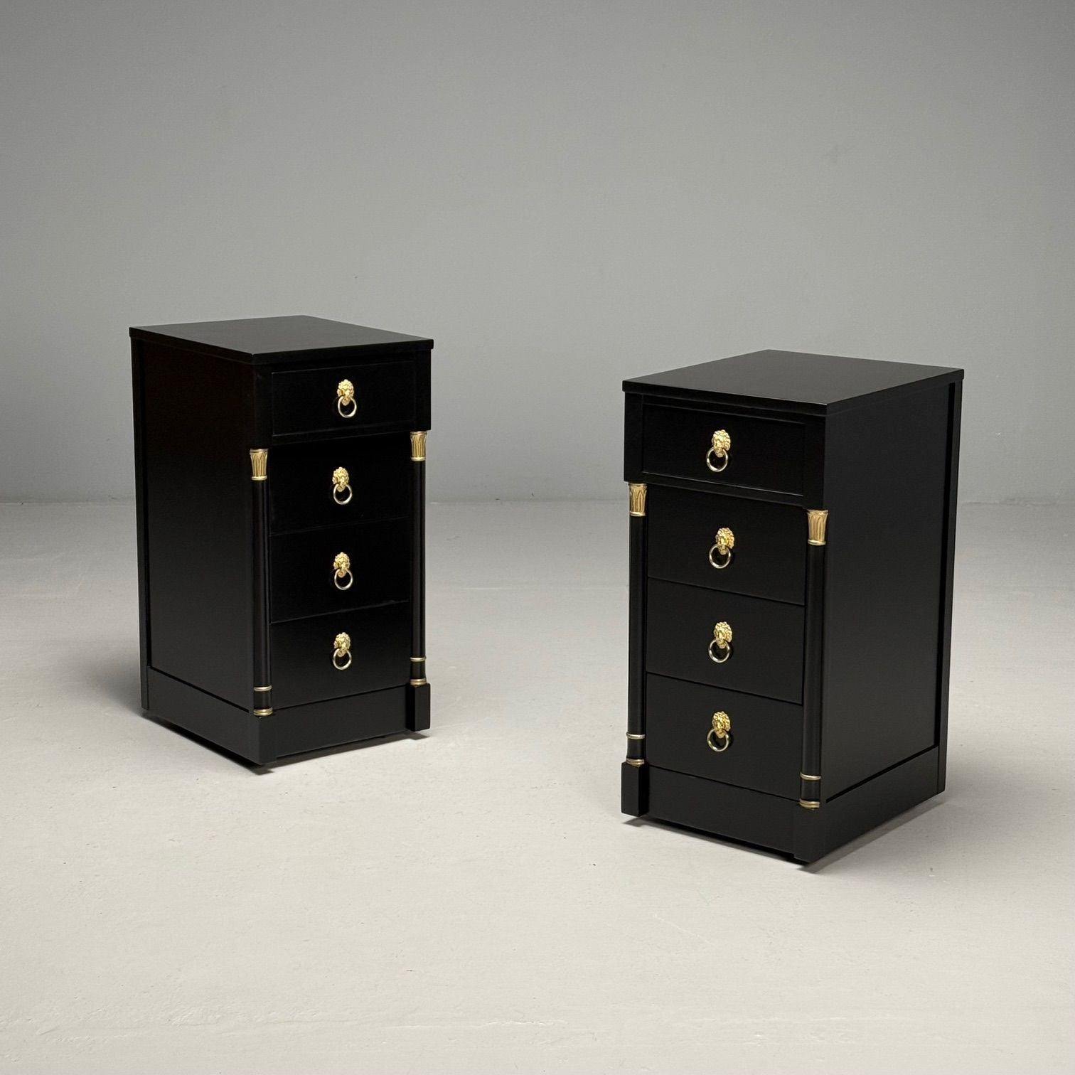 Jansen Style, Hollywood Regency, Nightstands, Ebony Finish, Bronze, 1940s