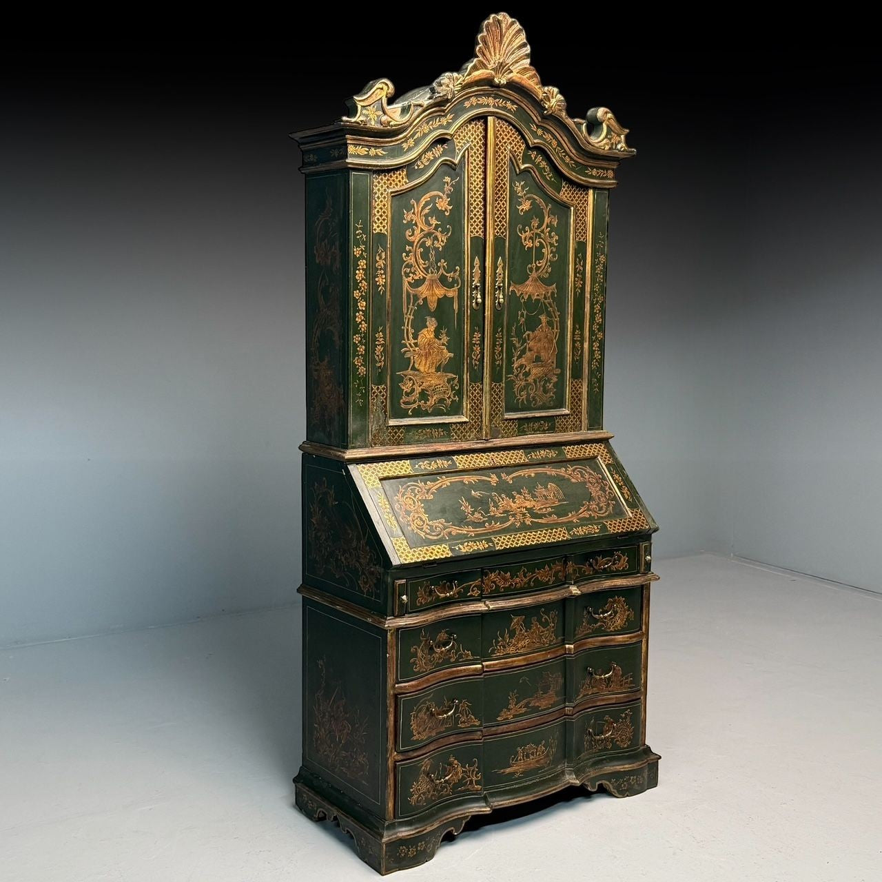 George I Style, Chinoiserie, Green-Japanned Desk, Bookcase, Parcel-Gilt, 1920s