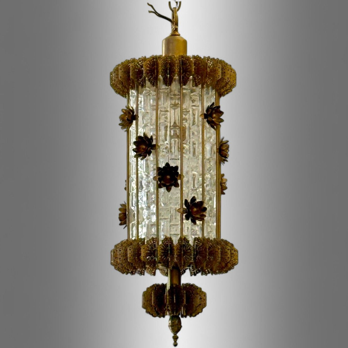 Hollywood Regency, Lantern Chandelier Pendants, Etched Glass, Brass, Italy 1960s