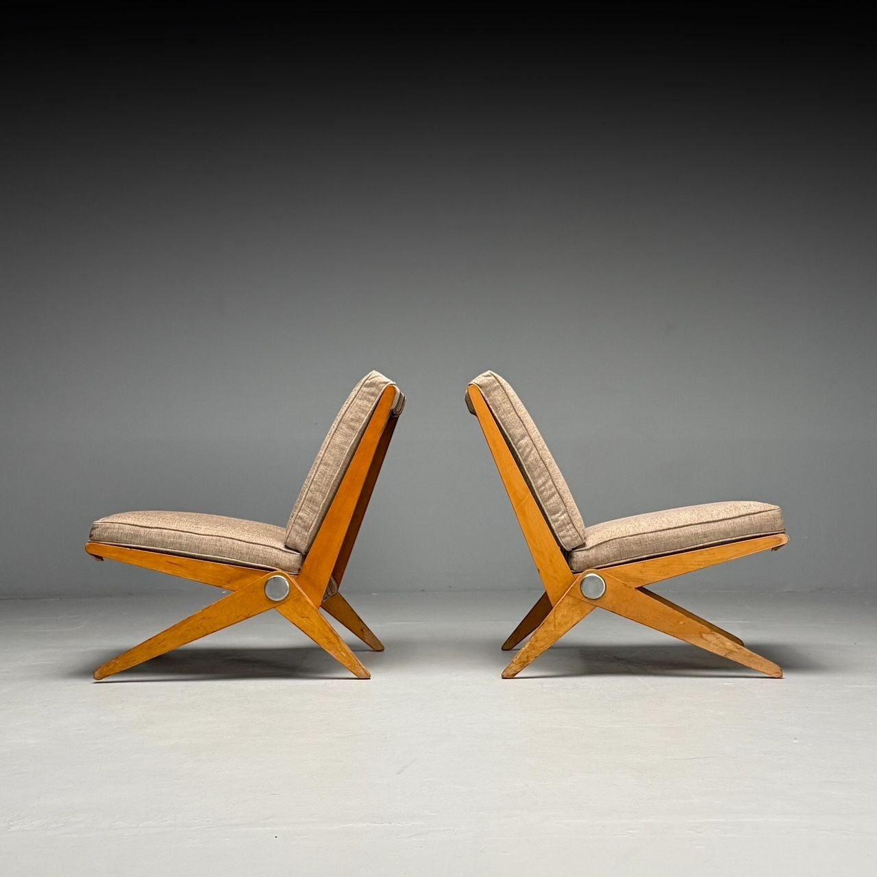 Pierre Jeanneret, Knoll, Mid-Century Modern, Scissor Chairs, Tan Linen, 1950s