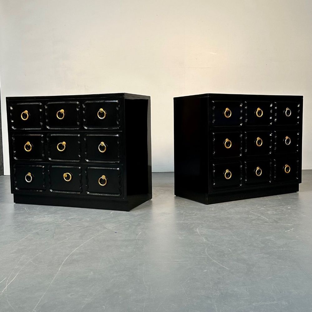 Pair Dorothy Draper for Heritage Style Espana Chests, Nightstands, Black Lacquer