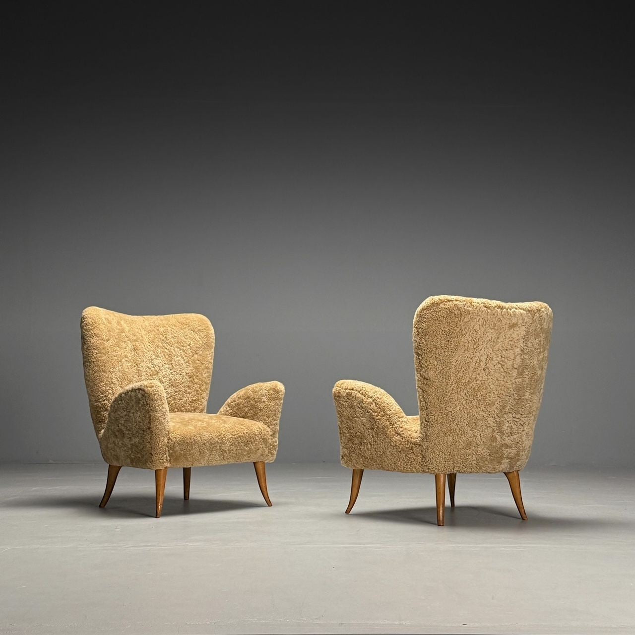 Carlo Broggi, Cantù, Italian Mid-Century Modern Lounge Chairs, Shearling, 1950s