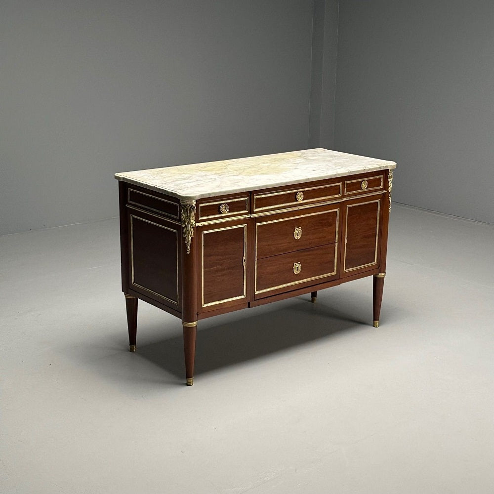 Hollywood Regency, French Louis XVI Style Commode, Mahogany, Oak, Marble, 1920s