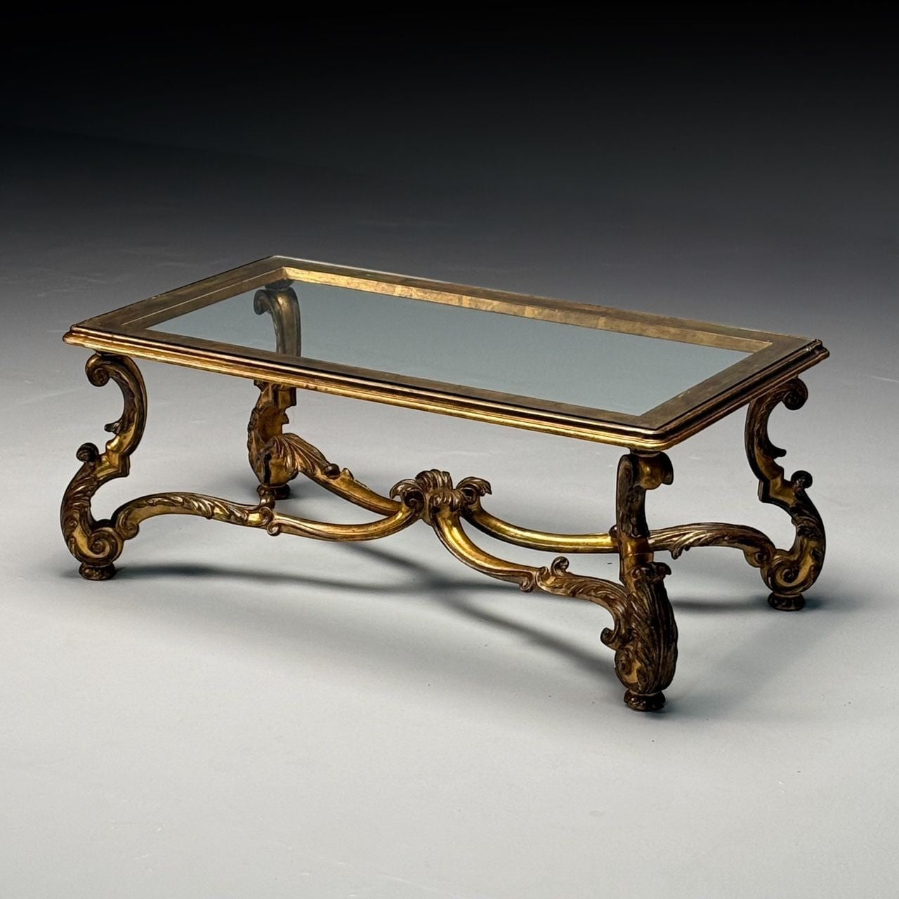 Hollywood Regency, Coffee Table, Gilt Wood, Gold Leaf, Glass, Italy, 1960s