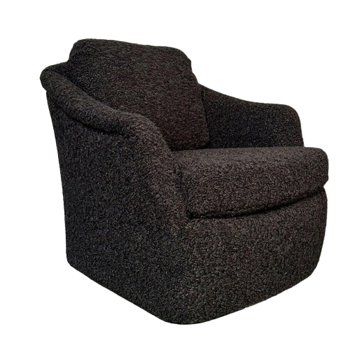 Mid-Century Modern Black Boucle Tub / Swivel / Lounge Chair, Faux Fur