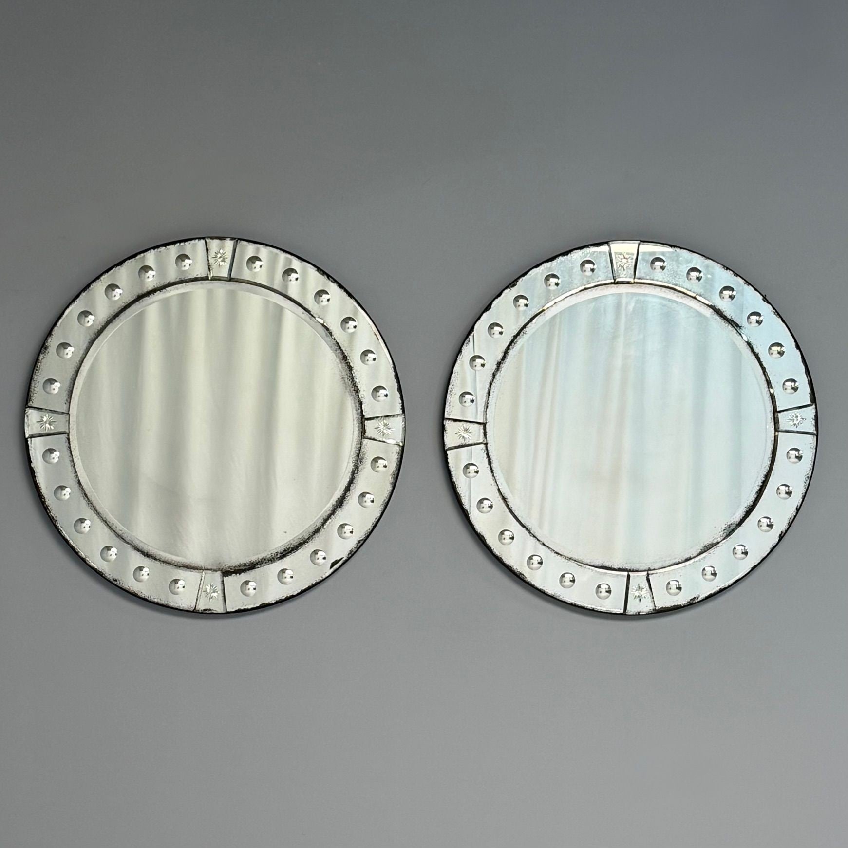 Art Deco Style, Venetian Circular Wall Mirrors, Antiqued Beveled Glass, 21st C.